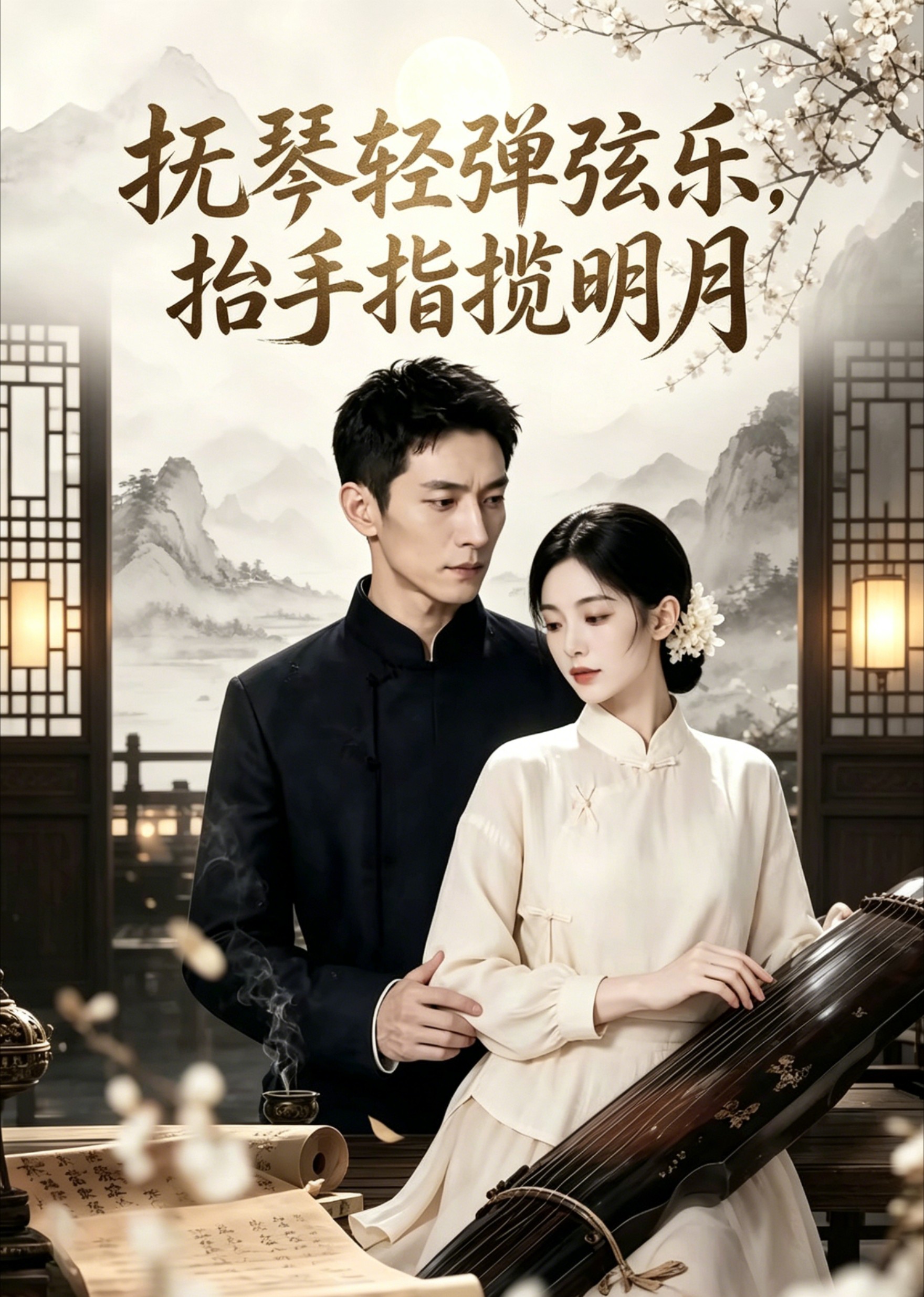 抚琴轻弹弦乐，抬手指揽明月